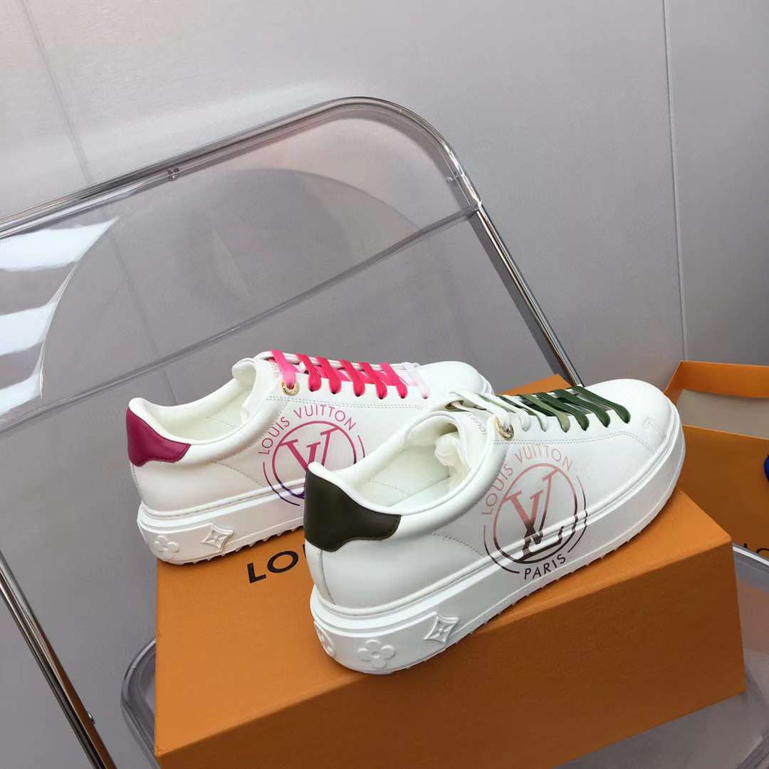 Louis Vuitton Unisex LV Time Out Sneaker Fuchsia Pink Printed Calf Leather Rubber Circle