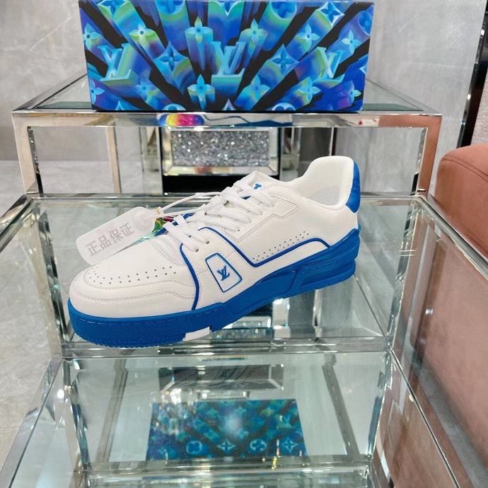 Louis Vuitton Unisex LV Trainer Sneaker Blue Calf Leather Rubber Outsole Monogram Flowers