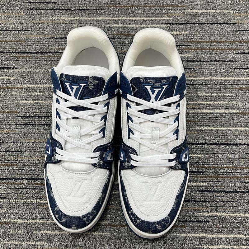Louis Vuitton Unisex LV Trainer Sneaker Blue Monogram Denim Embossed Grained Calf Leather