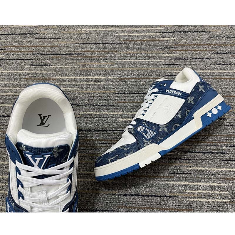 Louis Vuitton Unisex LV Trainer Sneaker Blue Monogram Denim Embossed Grained Calf Leather