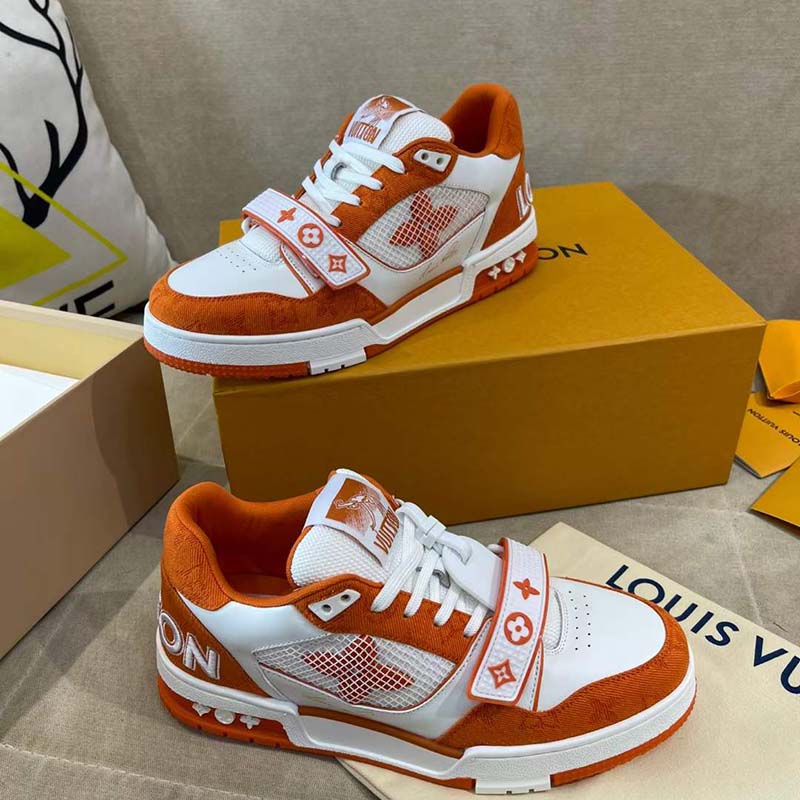 Louis Vuitton Unisex LV Trainer Sneaker Orange Monogram Denim Rubber Outsole Monogram Flowers