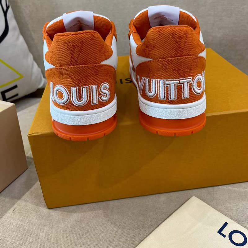Louis Vuitton Unisex LV Trainer Sneaker Orange Monogram Denim Rubber Outsole Monogram Flowers