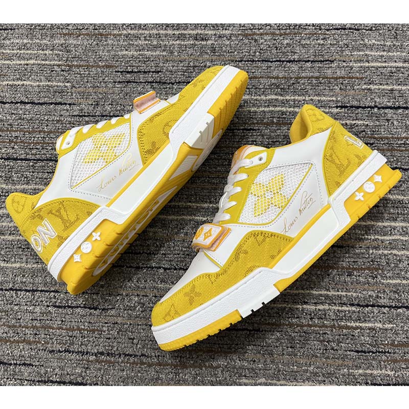 Louis Vuitton Unisex LV Trainer Sneaker Yellow Monogram Denim Rubber Outsole Monogram Flowers