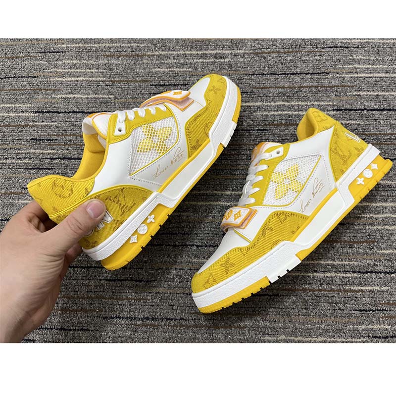 Louis Vuitton Unisex LV Trainer Sneaker Yellow Monogram Denim Rubber Outsole Monogram Flowers