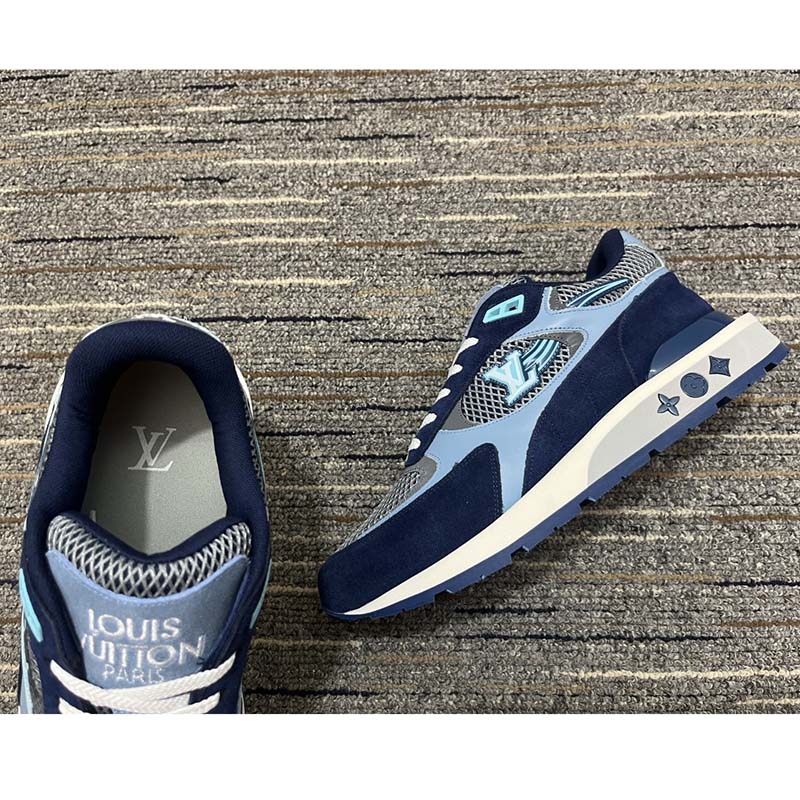 Louis Vuitton Unisex Run Away Sneaker Blue Mesh Suede Calf Leather Monogram Flowers