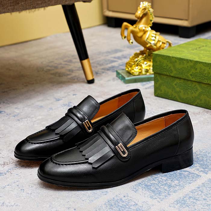 G*u*i men’s gg loafer mirrored g black leather fringe low 3 cm heel