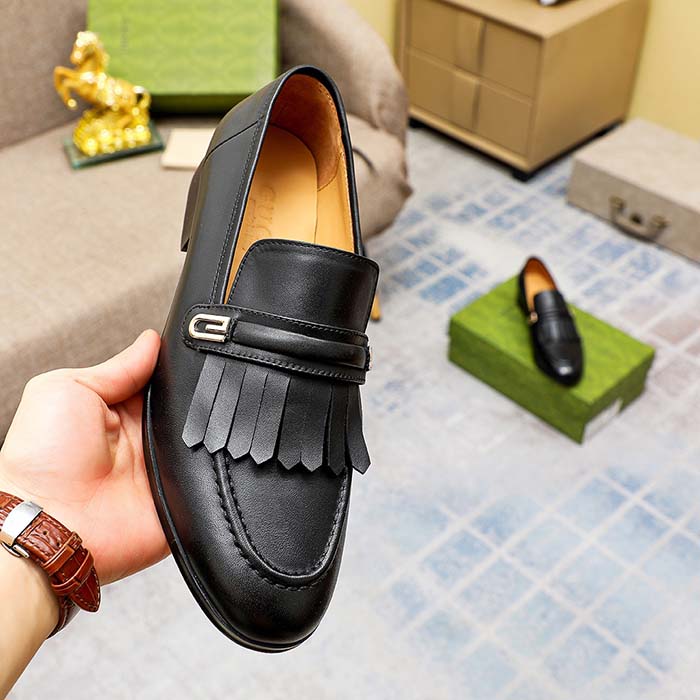G*u*i men’s gg loafer mirrored g black leather fringe low 3 cm heel