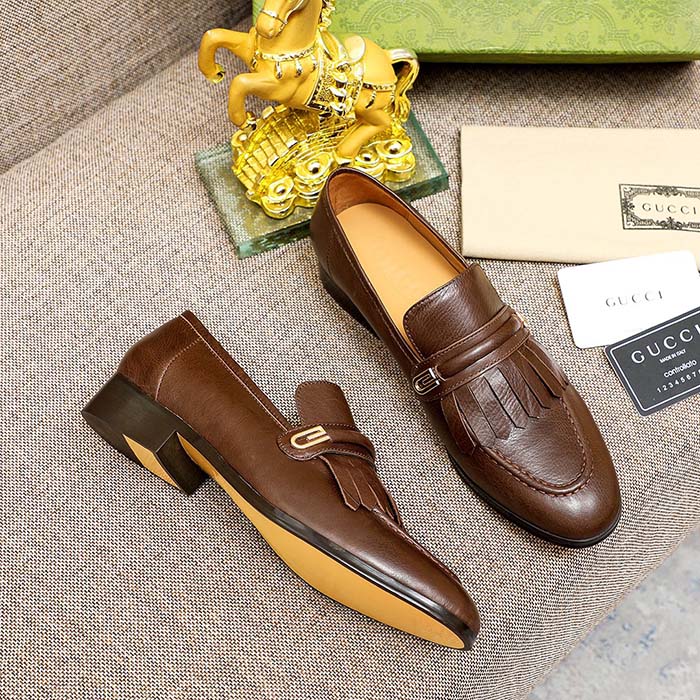 G*u*i men’s gg loafer mirrored g brown leather fringe low 3 cm heel