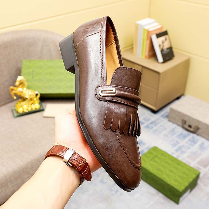 G*u*i men’s gg loafer mirrored g brown leather fringe low 3 cm heel