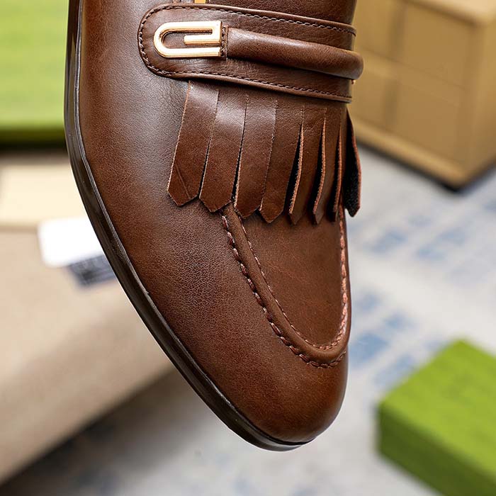 G*u*i men’s gg loafer mirrored g brown leather fringe low 3 cm heel