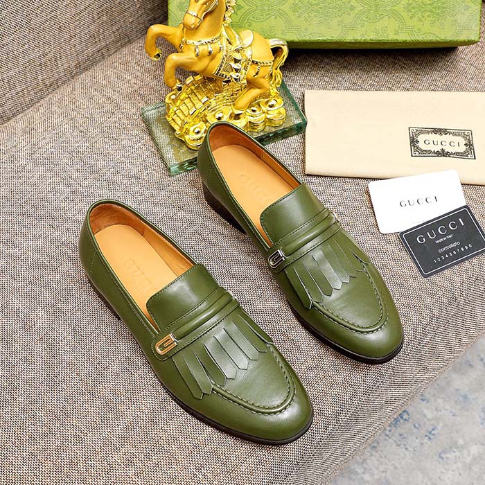 G*u*i men’s gg loafer mirrored g dark green leather fringe low heel