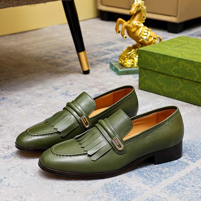 G*u*i men’s gg loafer mirrored g dark green leather fringe low heel