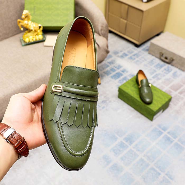 G*u*i men’s gg loafer mirrored g dark green leather fringe low heel