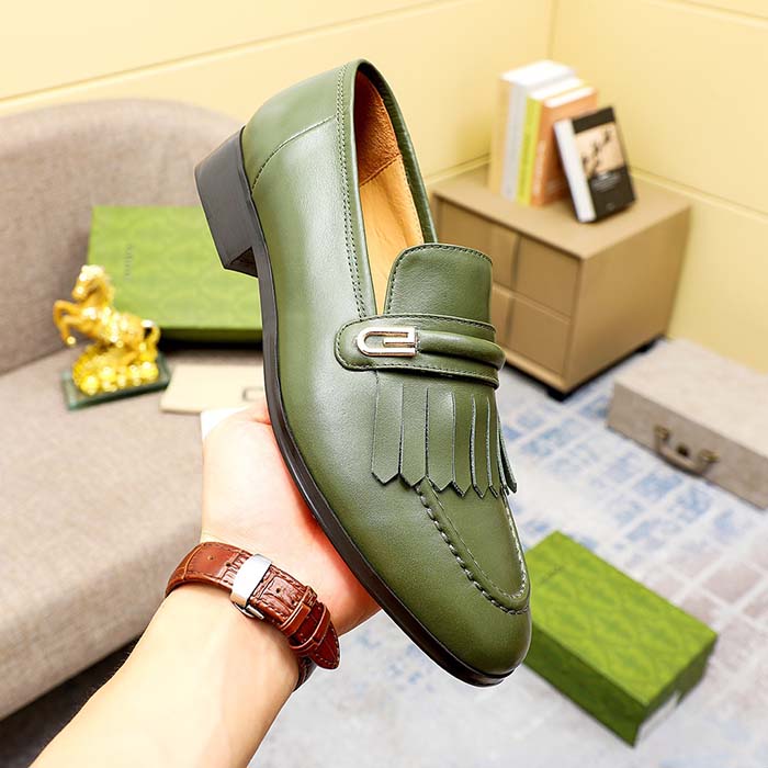 G*u*i men’s gg loafer mirrored g dark green leather fringe low heel