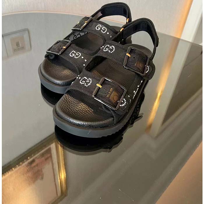 G*u*i women gg sandal crystals black mesh tonal suede rubber sole flat