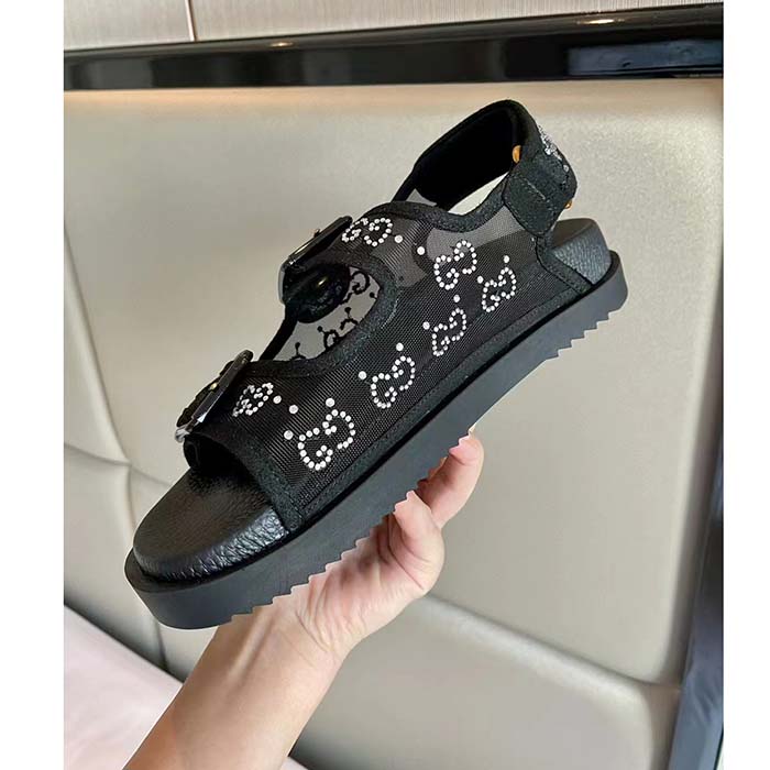 G*u*i women gg sandal crystals black mesh tonal suede rubber sole flat