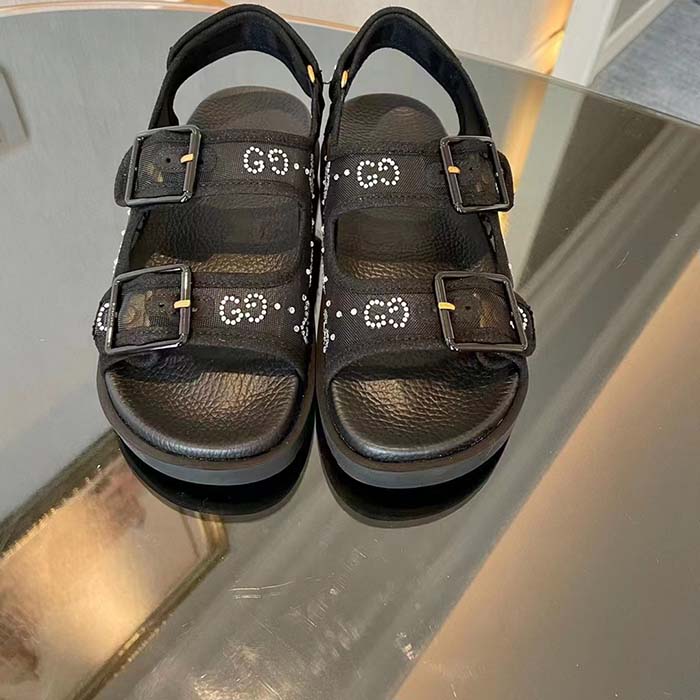 G*u*i women gg sandal crystals black mesh tonal suede rubber sole flat