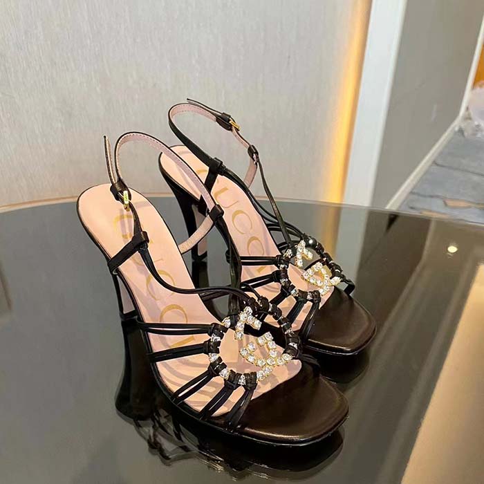 G*u*i women gg sandal interlocking g black leather high 9 cm heel