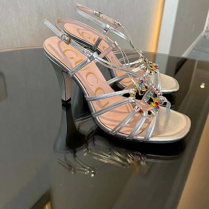 G*u*i women gg sandal interlocking g silver metallic leather high 9 cm heel