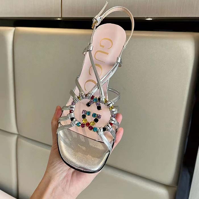 G*u*i women gg sandal interlocking g silver metallic leather high 9 cm heel