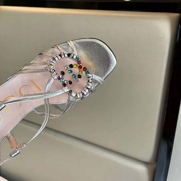 G*u*i women gg sandal interlocking g silver metallic leather high 9 cm heel