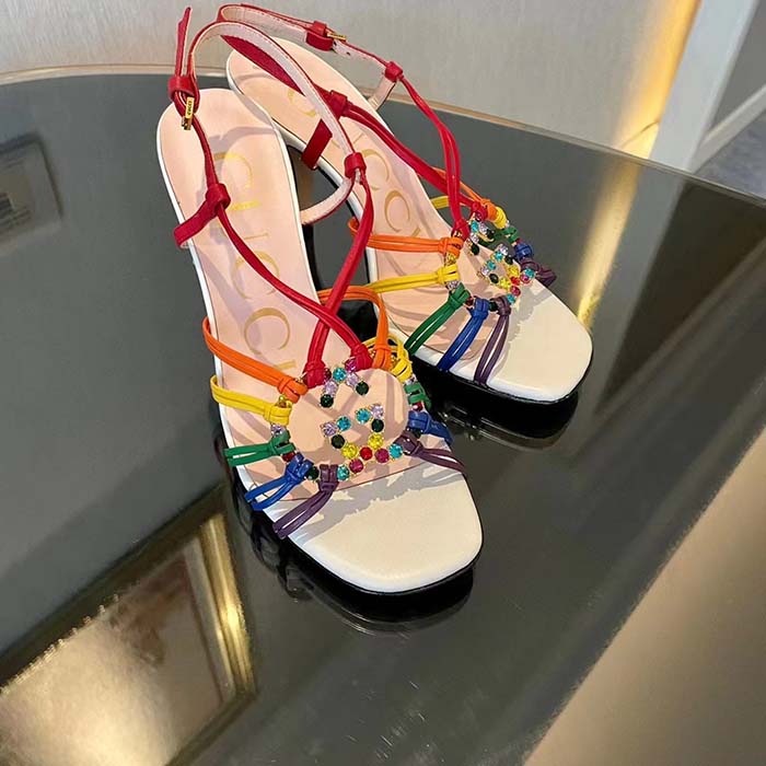 G*u*i women gg sandal interlocking g white multicolor leather high 9 cm heel