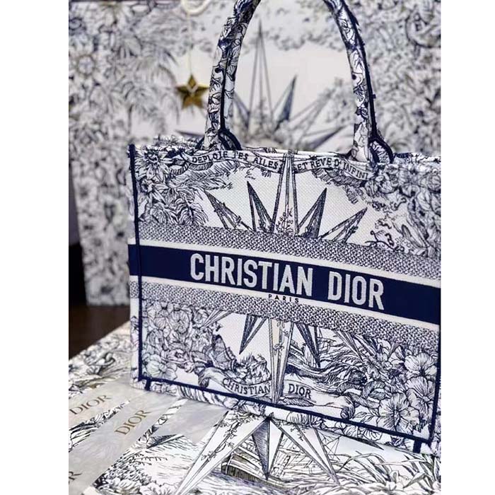 Dior Unisex CD Medium Book Tote White Blue Rêve D’Infini Embroidery