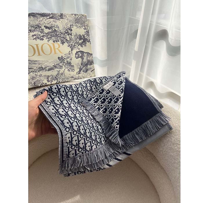 Dior Unisex CD Oblique Scarf Black Gray Wool Fringed Edging Wool