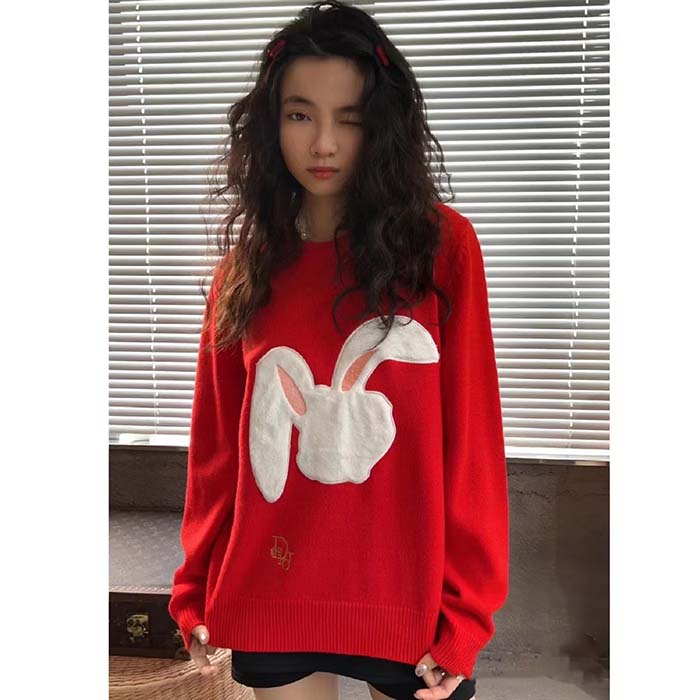 Dior Women CD By Erl Sweater Rabbit Patch Red Cotton-Blend Jersey Round Neck