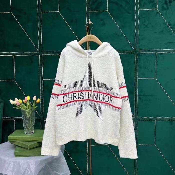 Dior Men CD DiorAlps Hooded Sweater Ecru Technical Wool Textured Knit Star