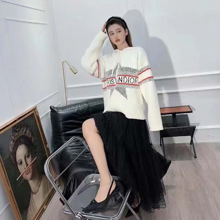 Dior Women CD DiorAlps Hooded Sweater Ecru Technical Wool Textured Knit Star