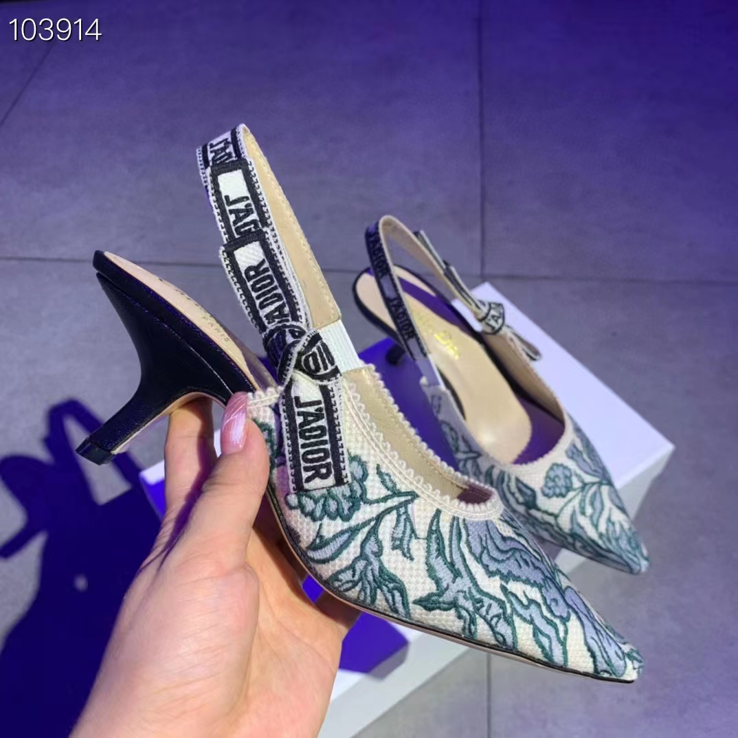 Dior Women CD J’Adior Slingback Pump Duck Blue Brocart Embroidered Cotton Metallic Thread