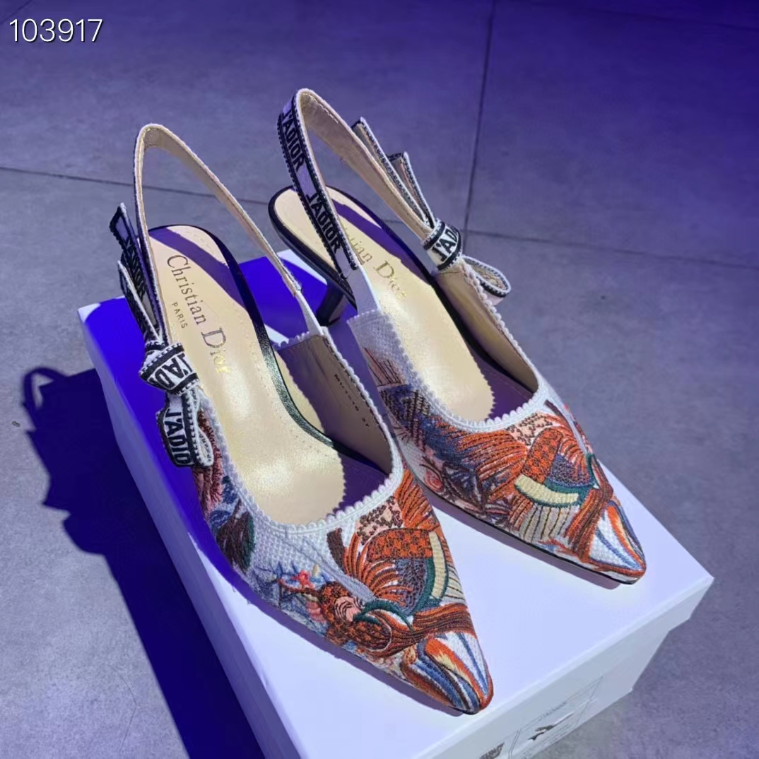 Dior Women CD J’Adior Slingback Pump White Multicolor Jardin D’Hiver Embroidered Cotton