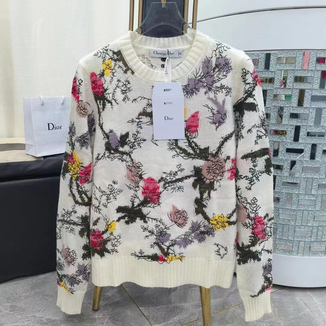Dior Men CD Sweater Ecru Cashmere Knit Multicolor Dior Jardin Botanique Motif