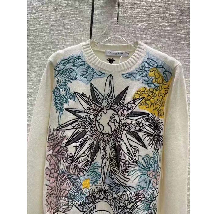 Dior Women CD Sweater Ecru Cashmere Knit Multicolor Rêve D’Infini Motif