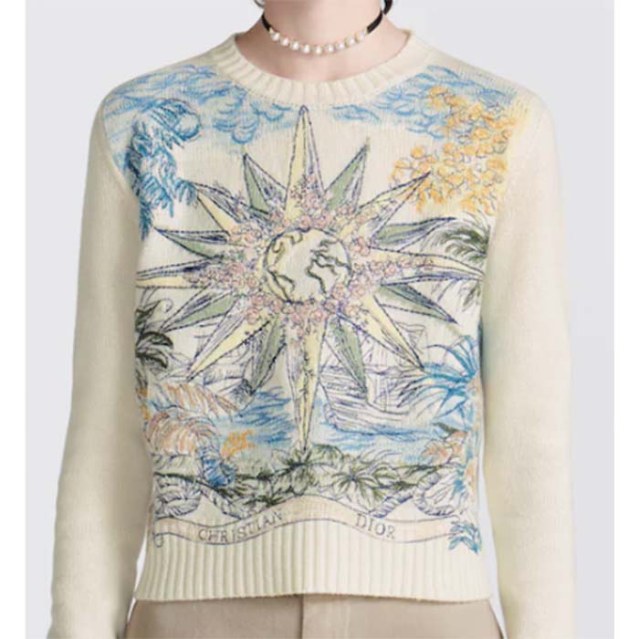 Dior Women CD Sweater Ecru Cashmere Knit Multicolor Rêve D’Infini Motif