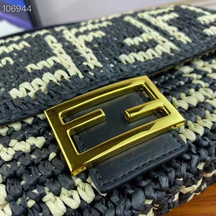 Fendi Women FF Baguette Black Raffia Back Crocheted FF