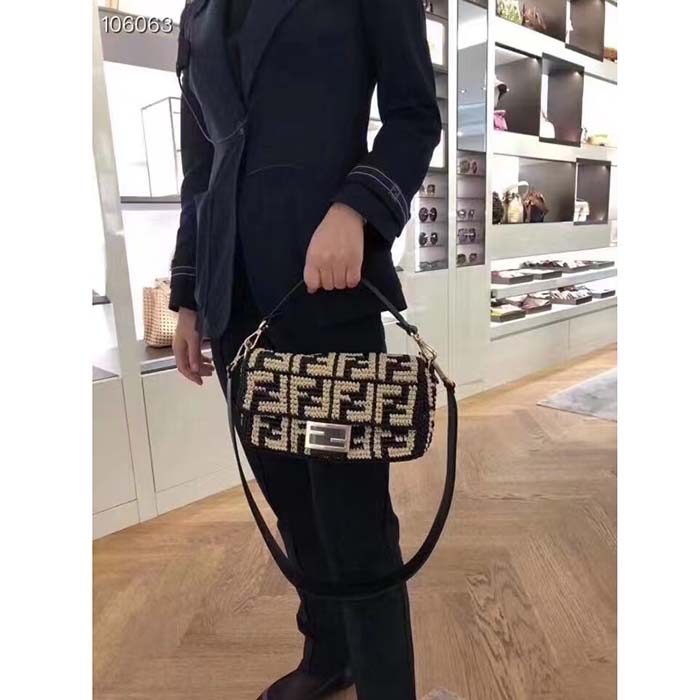 Fendi Women FF Baguette Black Raffia Back Crocheted FF
