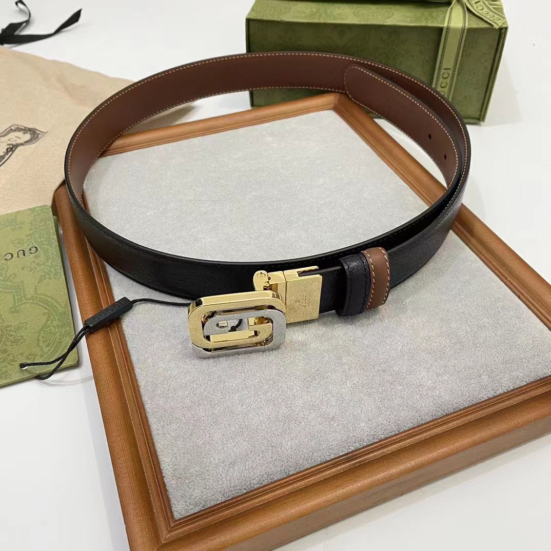 G*u*i gg unisex belt squared interlocking g buckle black leather 30 mm width