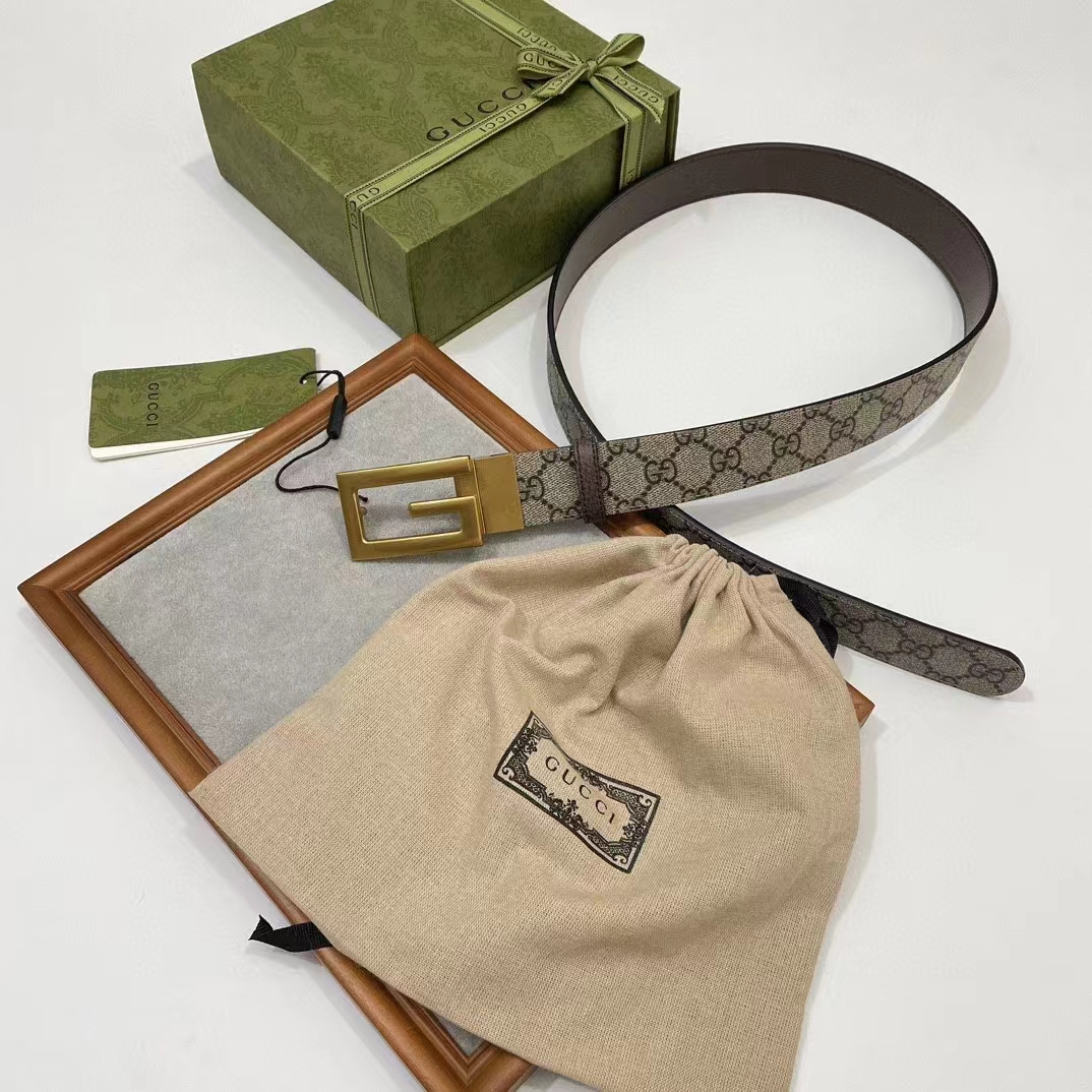G*u*i gg unisex reversible belt square g buckle beige ebony gg supreme canvas