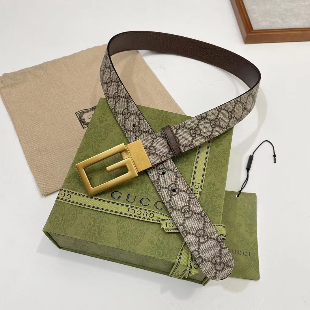 G*u*i gg unisex reversible belt square g buckle beige ebony gg supreme canvas