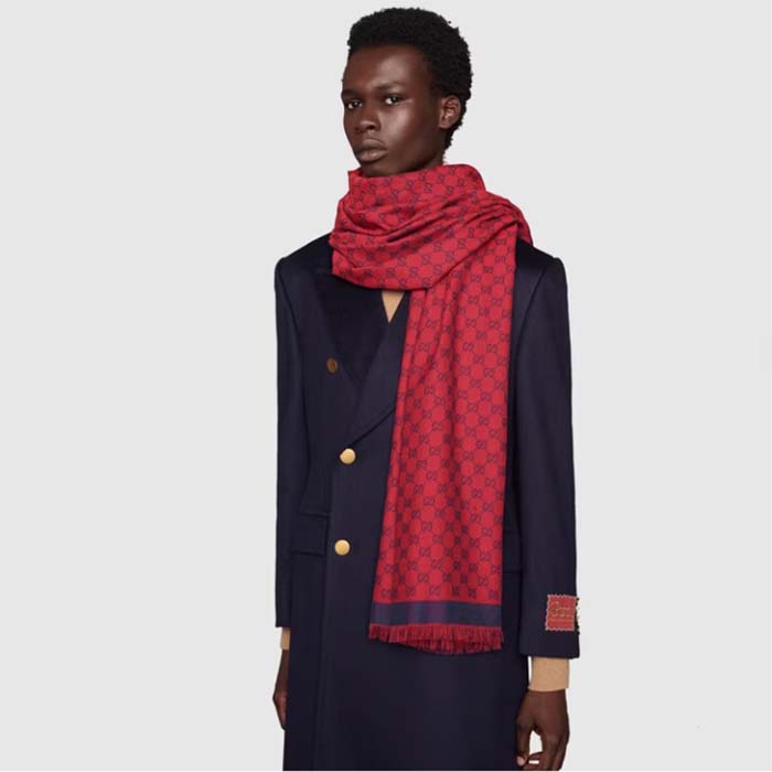 G*u*i unisex gg jacquard cotton stole red blue fringe