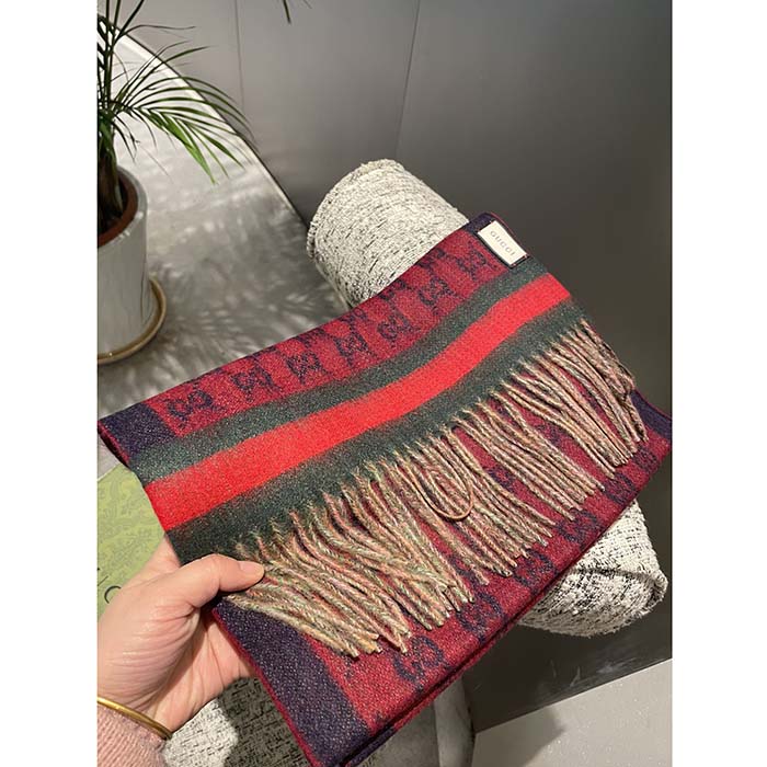 G*u*i unisex gg jacquard cotton stole red blue fringe