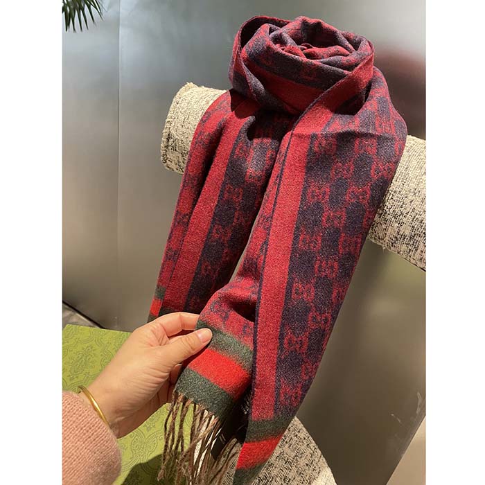 G*u*i unisex gg jacquard cotton stole red blue fringe