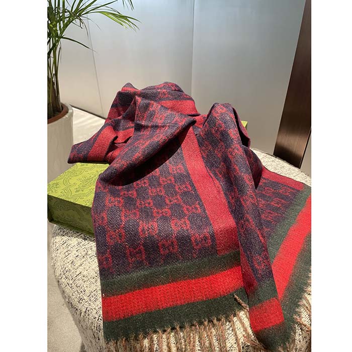 G*u*i unisex gg jacquard cotton stole red blue fringe