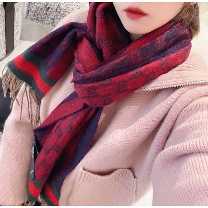 G*u*i unisex gg jacquard cotton stole red blue fringe