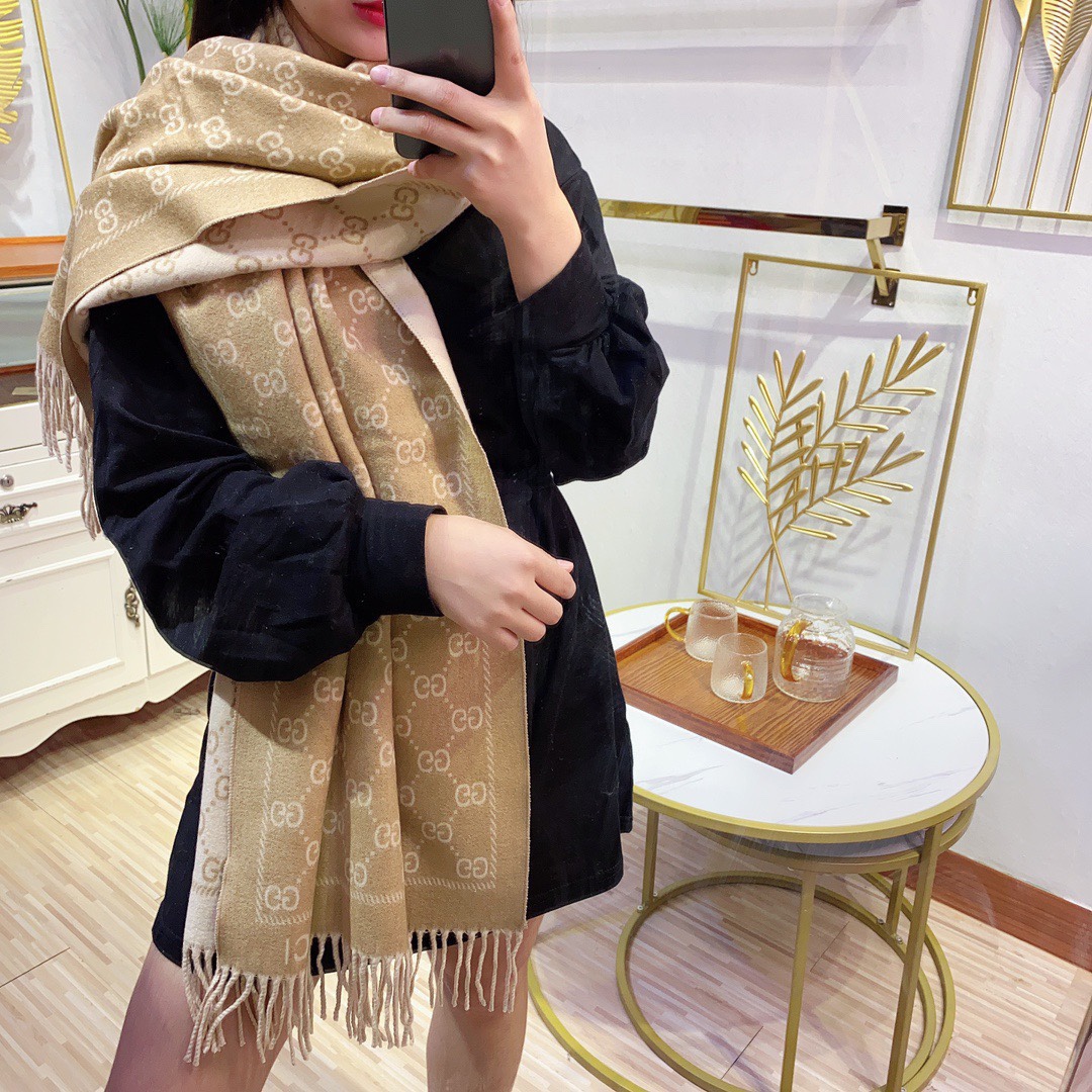 G*u*i unisex gg jacquard knitted scarf light brown fringe edges