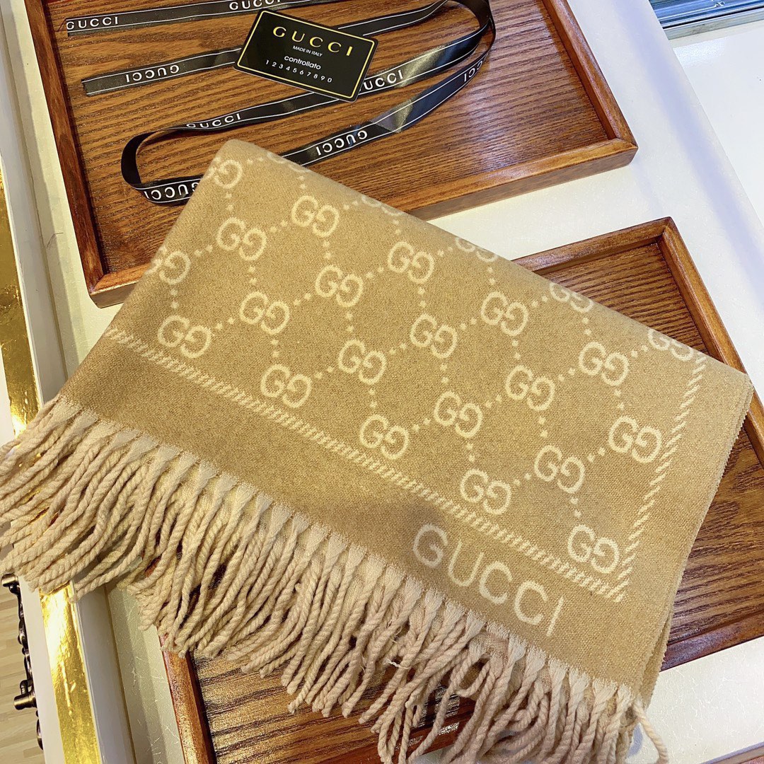 G*u*i unisex gg jacquard knitted scarf light brown fringe edges