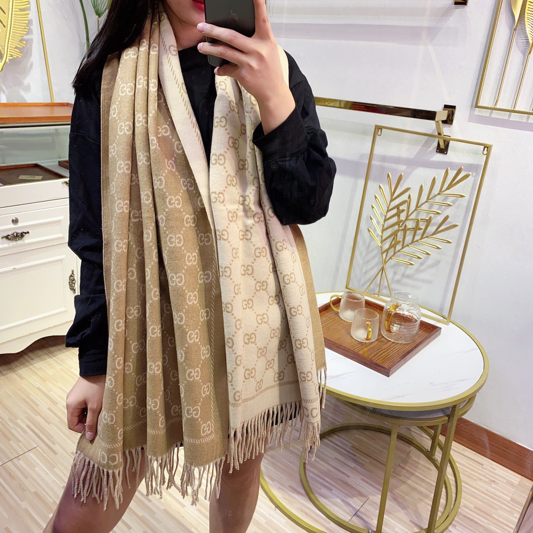 G*u*i unisex gg jacquard knitted scarf light brown fringe edges