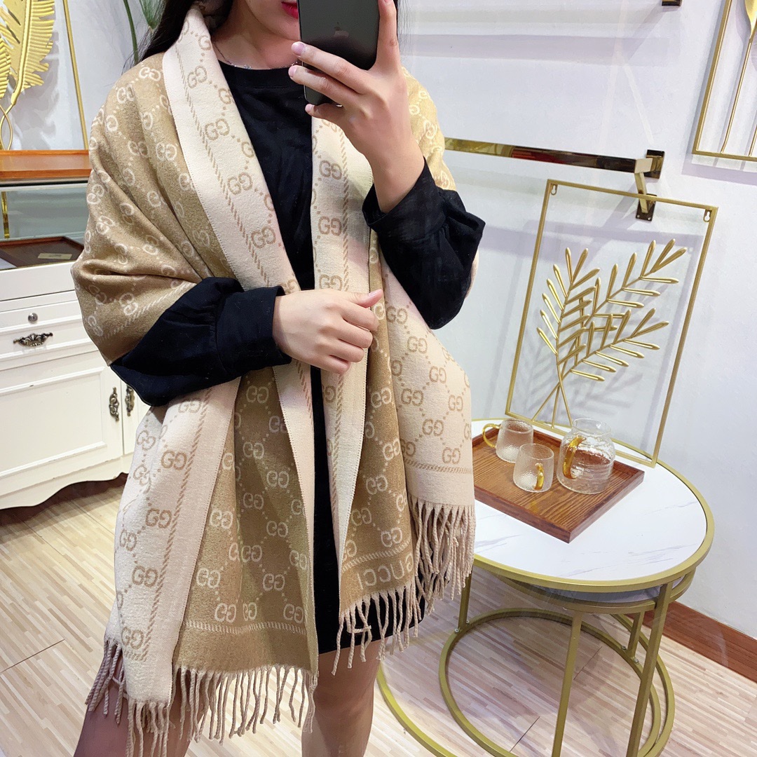 G*u*i unisex gg jacquard knitted scarf light brown fringe edges